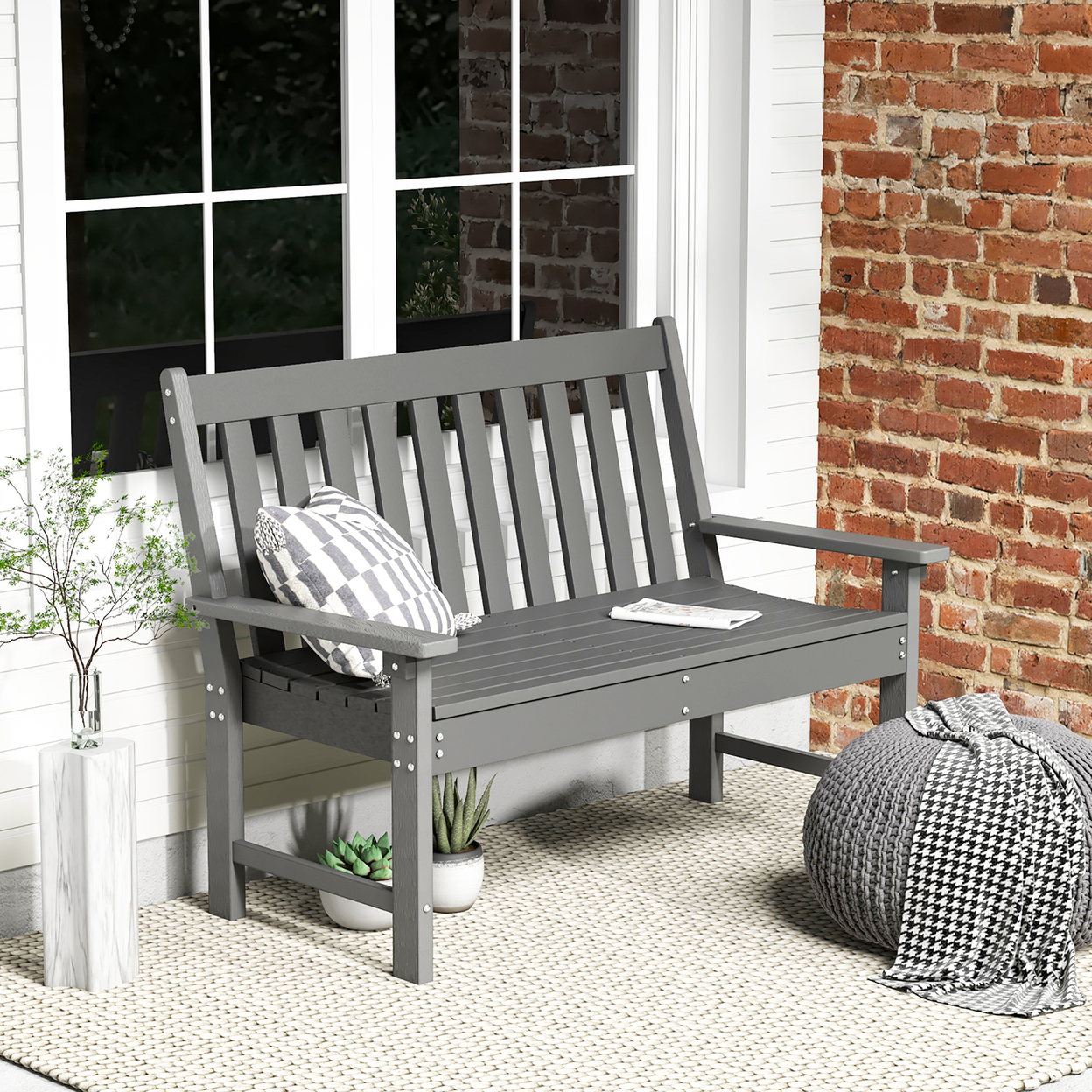 Garden Bench All-Weather HDPE 2-Person Outdoor Bench For Front Porch Backyard
