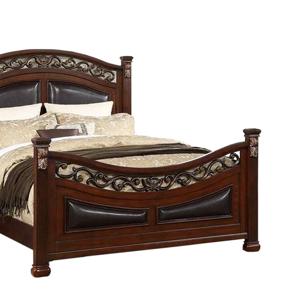 Miri Arched Queen Bed, Carved Leaf Details, Reeded Pilasters, Oak Brown- Saltoro Sherpi