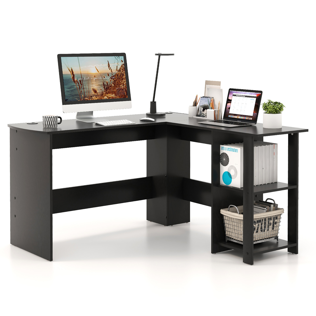 L-Shaped Computer Desk For Small Space Corner Home Office Desk W/ Shelves Black