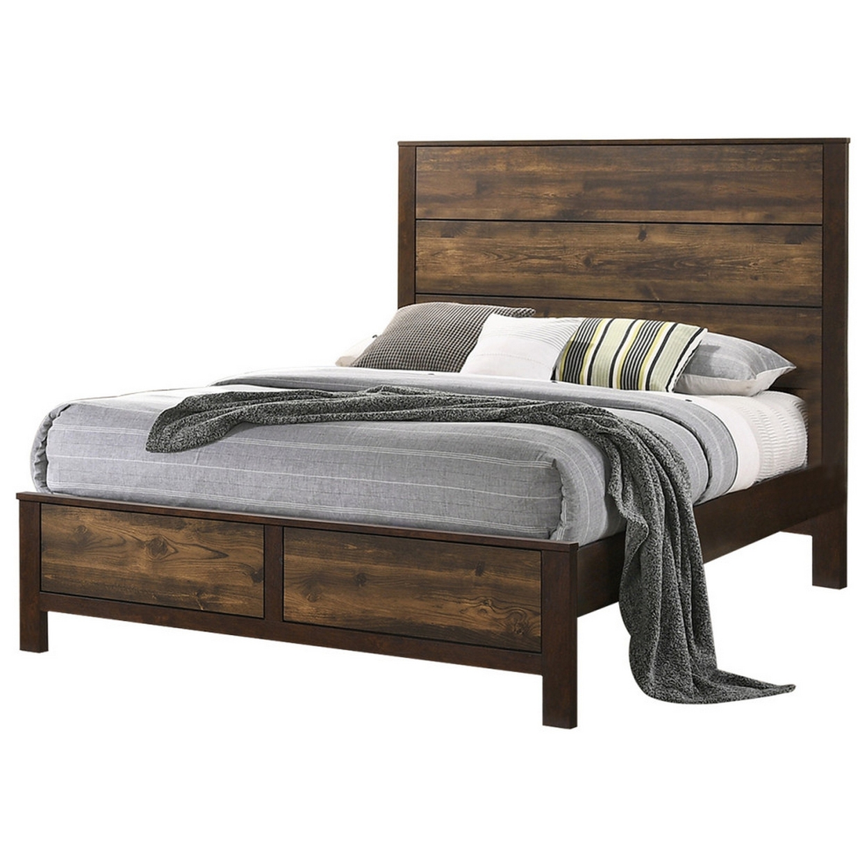 Roki Platform California King Bed With Panel Design, Rustic Brown Finish - Saltoro Sherpi