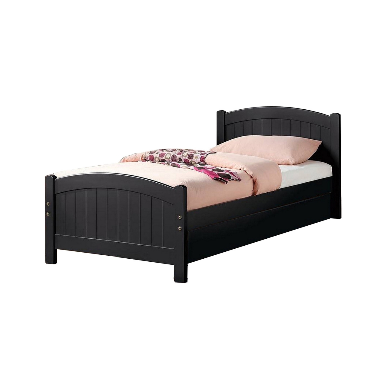 Shov Twin Size Trundle Bed, Arched Headboard, Vertical Accents, Black Wood- Saltoro Sherpi