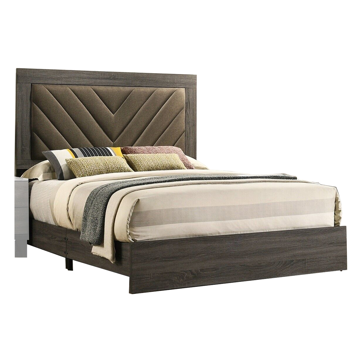 Cato Upholstered Queen Size Bed, Chevron Tufted Brown Headboard, Dark Gray - Saltoro Sherpi