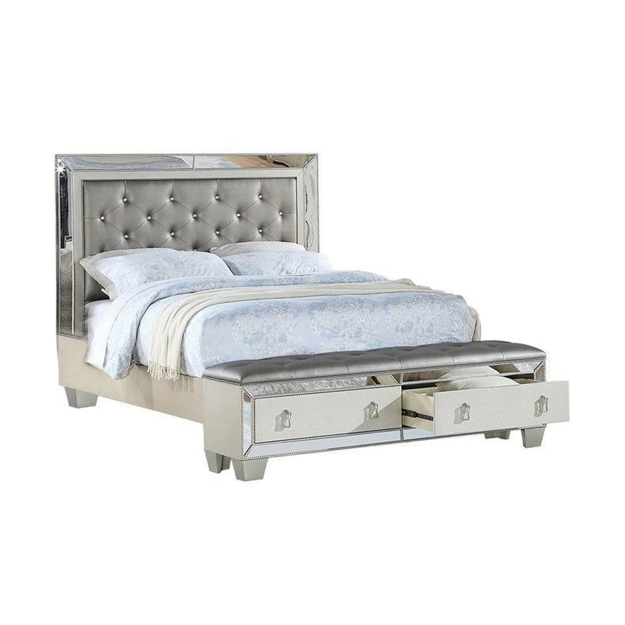 Reva Queen Bed, Storage Footboard, Silver Faux Leather Tufted Upholstery- Saltoro Sherpi