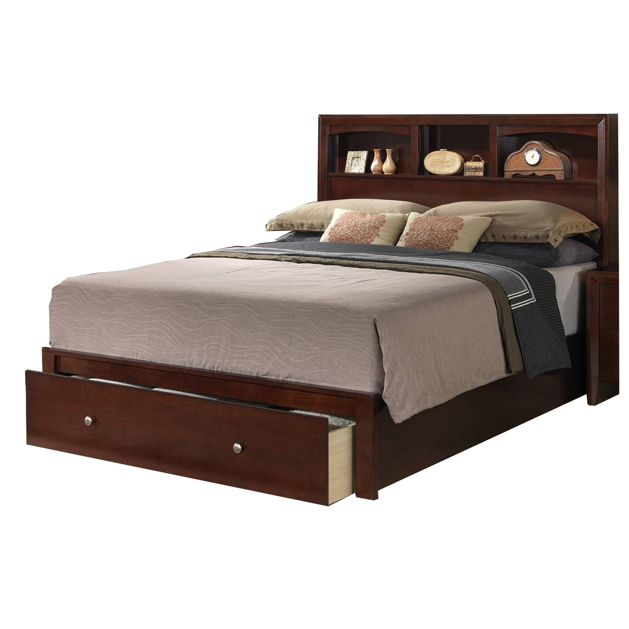 Queen Bed With Storage Footboard, Bookcase Headboard, Modern Cherry Brown- Saltoro Sherpi