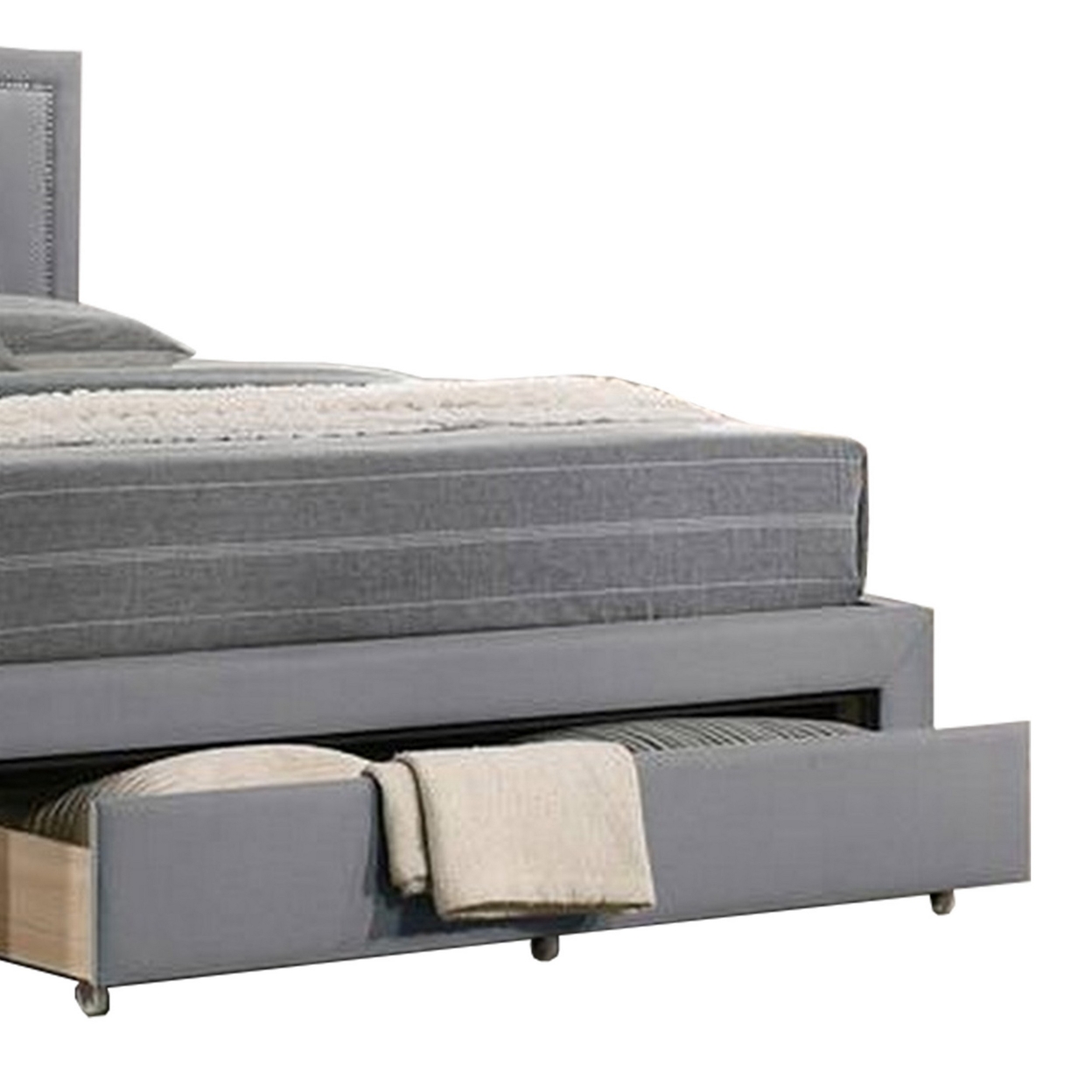 Buk Upholstered Tufted Twin Bed With Storage, Nailhead Trim, Gray Burlap - Saltoro Sherpi
