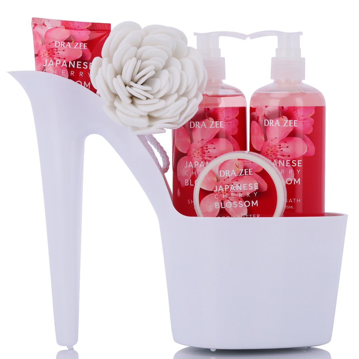 Draizee Heel Shoe Spa Gift Set Cherry Blossom Scented Bath Essentials Gift Basket With Shower Gel, Bubble Bath, Body Butter, Body Lotion