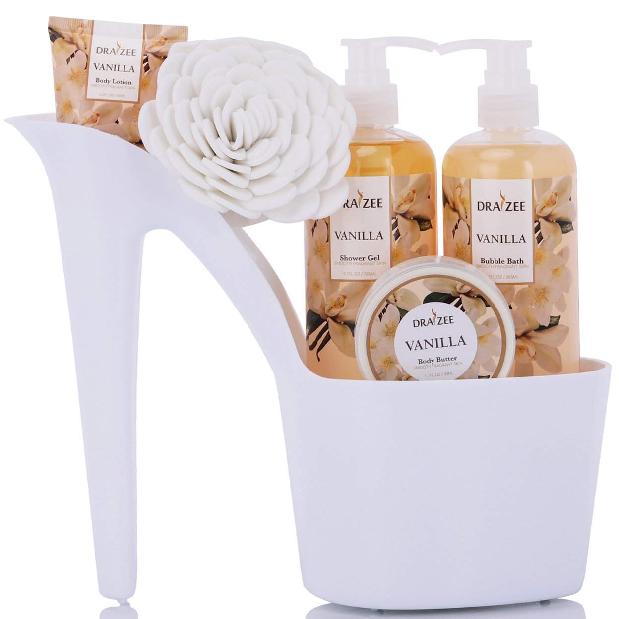 Draizee Heel Shoe Spa Gift Set Vanilla Scented Bath Essentials Gift Basket W Shower Gel, Bubble Bath, Body Butter, Body Lotion & Bath Puff