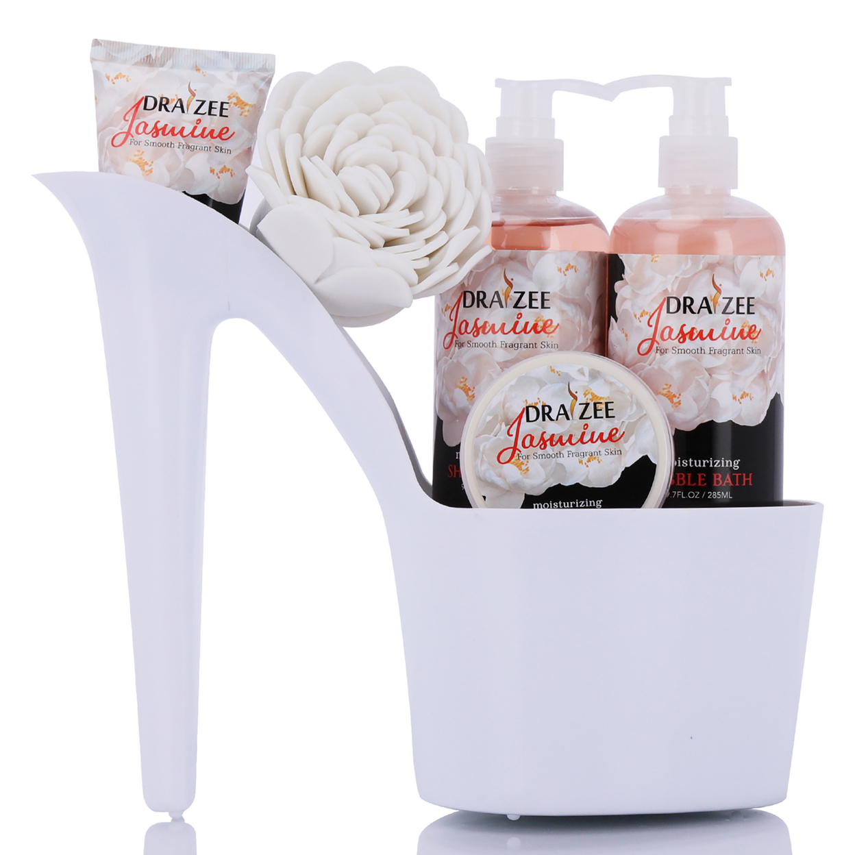 Draizee Heel Shoe Spa Gift Set Jasmine Scented Bath Essentials Gift Basket With Shower Gel, Bubble Bath, Body Butter, Body Lotion