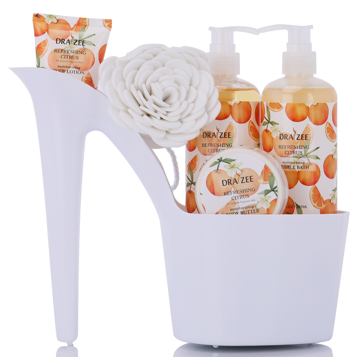 Draizee Heel Shoe Spa Gift Set Citrus Scented Bath Essentials Gift Basket W Shower Gel, Bubble Bath, Body Butter, Body Lotion & Bath Puff