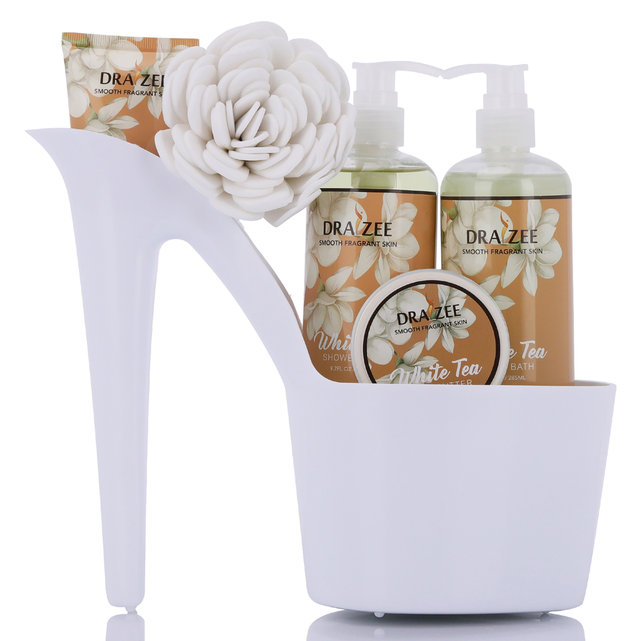 Draizee Heel Shoe Spa Gift Set White Tea Scented Bath Essentials Gift Basket With Shower Gel, Bubble Bath, Body Butter, Body Lotion