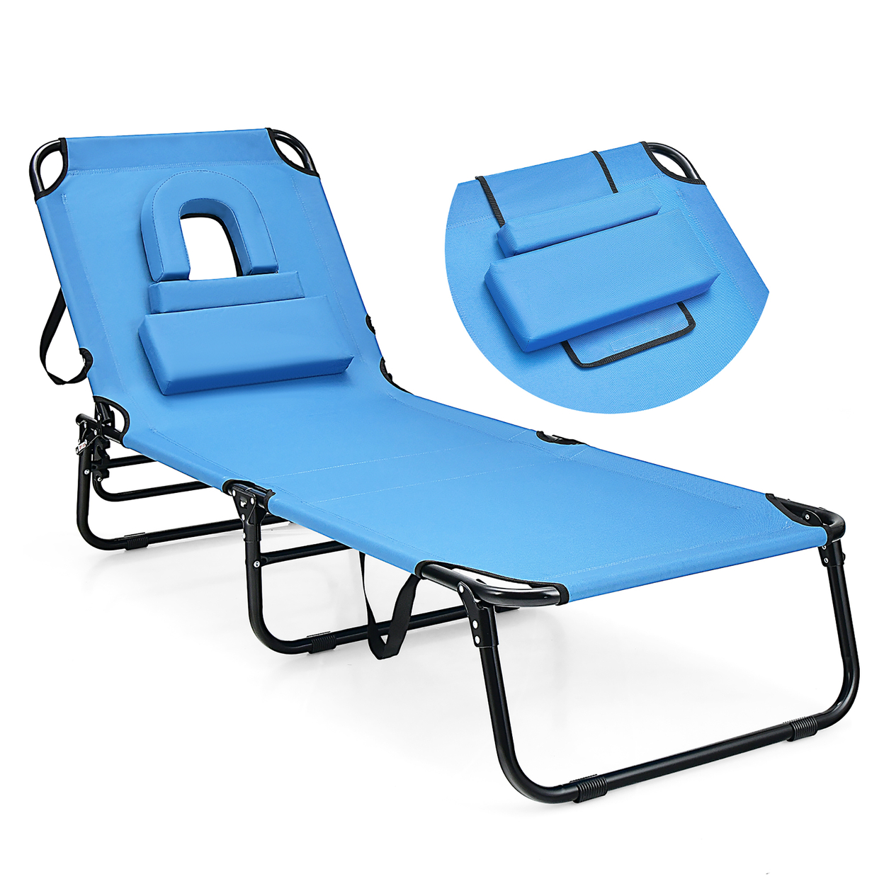 5-Position Lounge Chair Adjustable Beach Chaise W/ Face Cavity & Pillows - Blue,Black