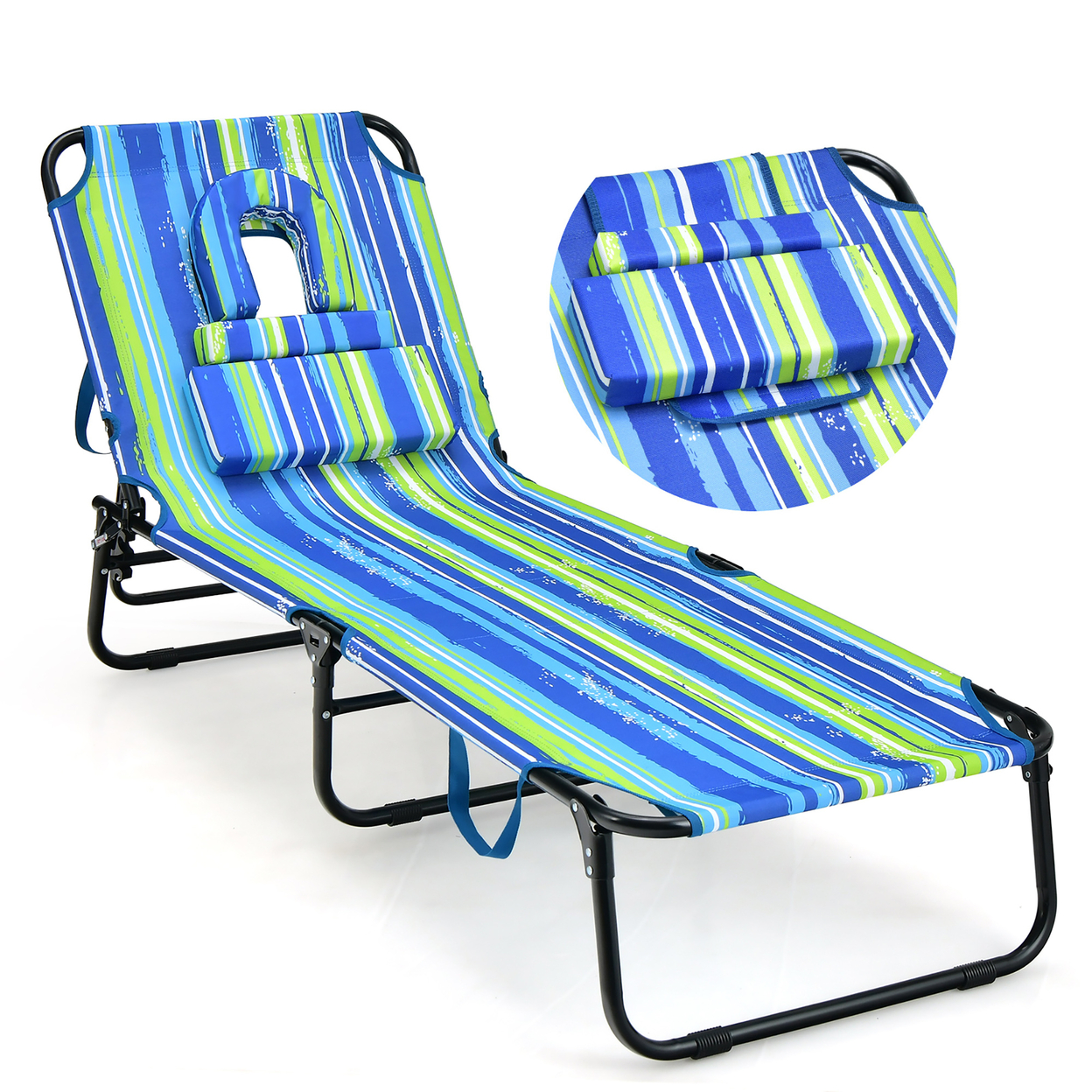 5-Position Lounge Chair Adjustable Beach Chaise W/ Face Cavity & Pillows - Blue,Green,Black