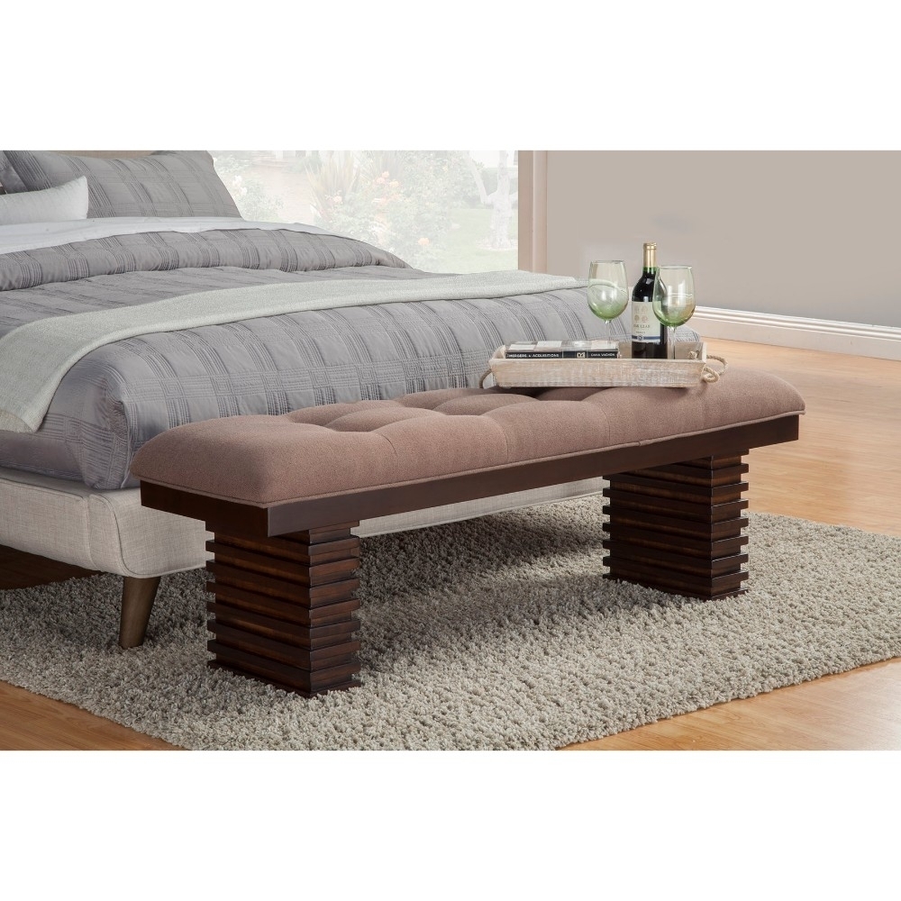 Wooden Dining Bench With Tufted Upholstery Brown- Saltoro Sherpi