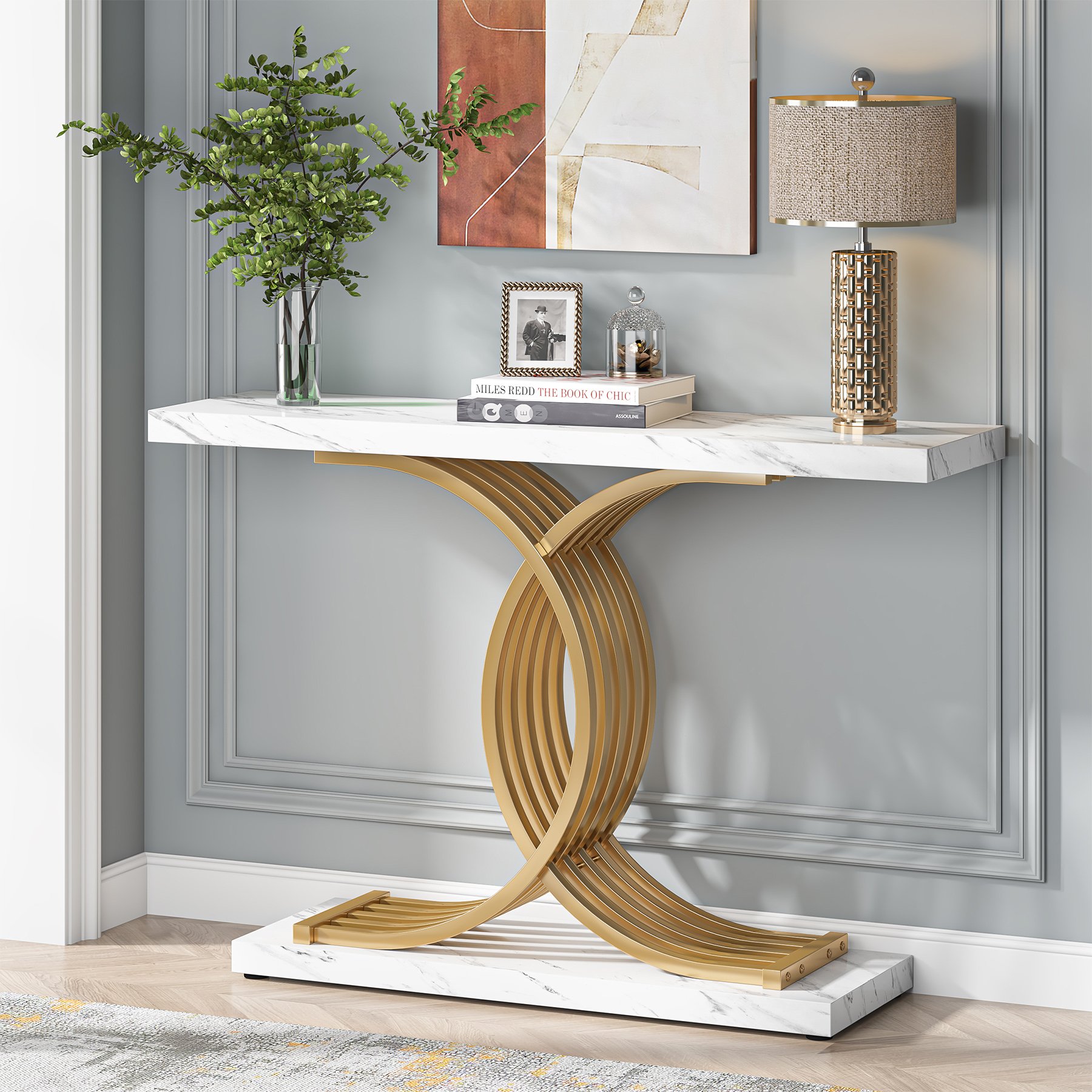 Tribesigns Modern Console Table, Faux Marble Entryway Hallway Table With Geometric Gold Metal Legs, 40-Inch Narrow Wood Sofa Table