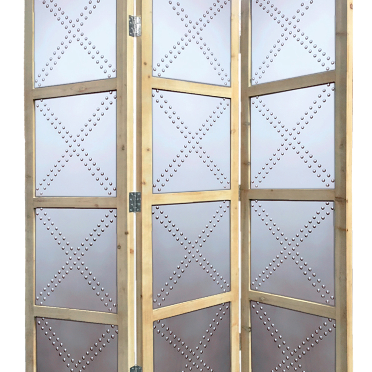 Contemporary 3 Panel Screen With Wood Frame & Nailhead Trim Design, Gray- Saltoro Sherpi