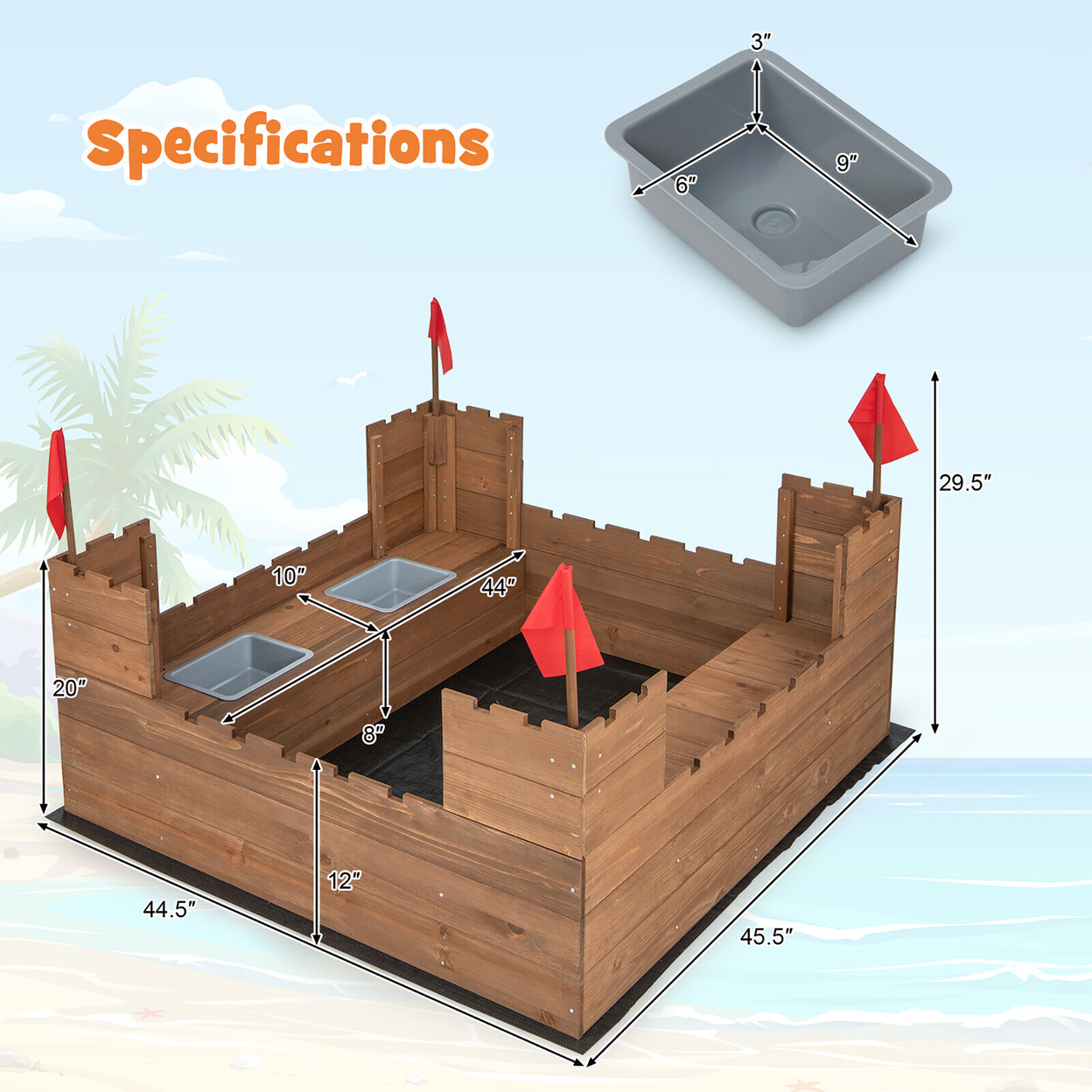 Solid Wood Kids Sandbox W/ 2 Bench Seats, Outdoor Sandpit W/ Storage Box & Flags