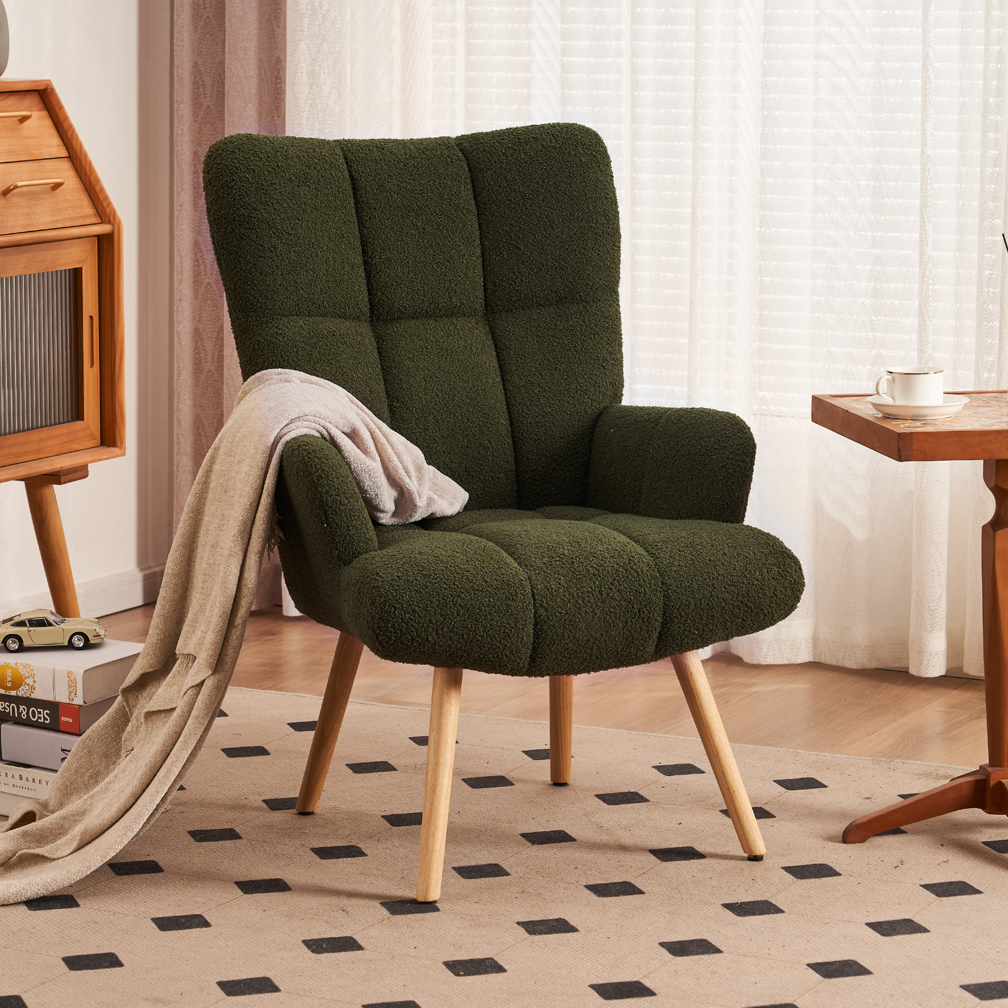Teddy Velvet Accent Chair, Teddy Furry Casual Chair With High Back And Soft Padded, Modern Armchair Chair - Green