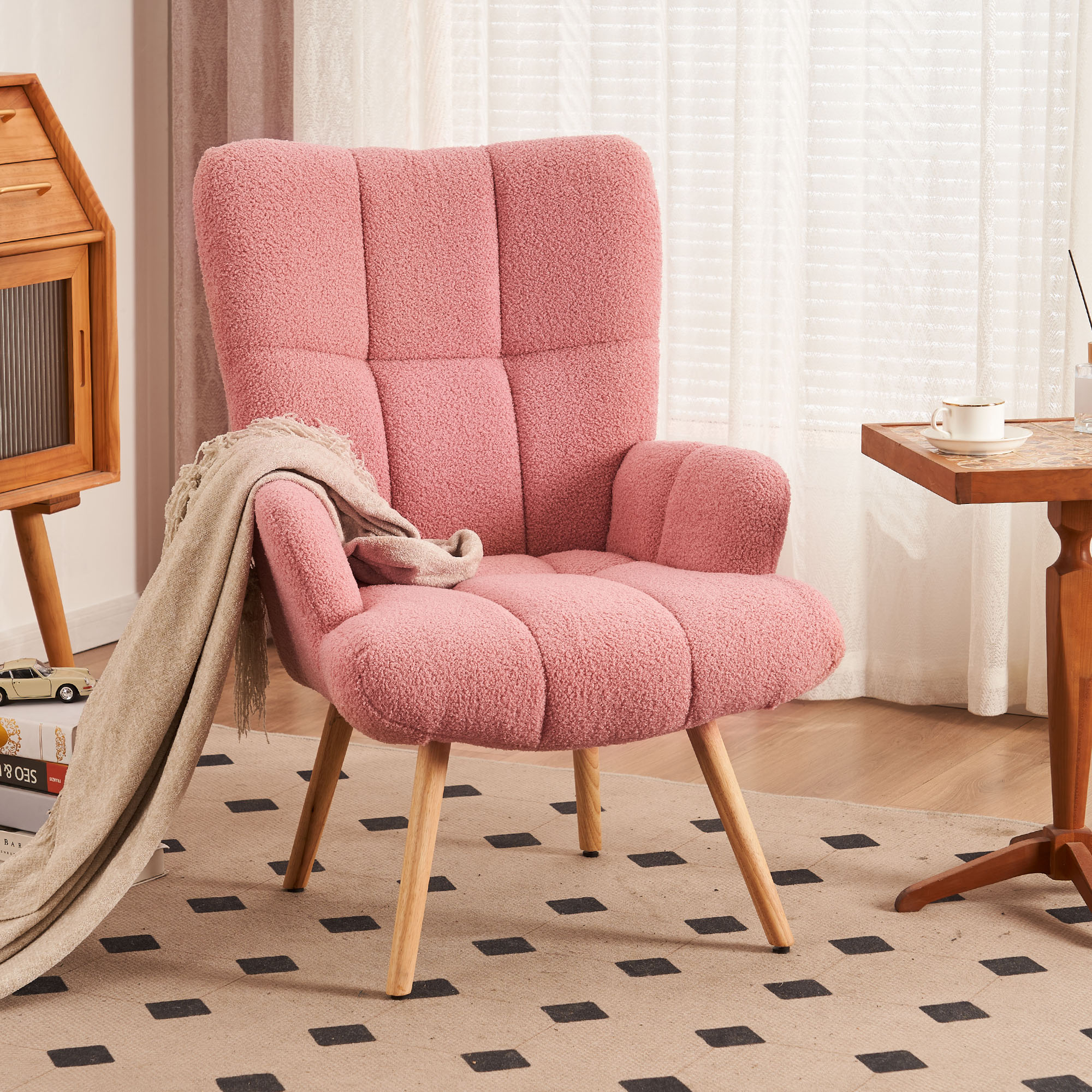 Teddy Velvet Accent Chair, Teddy Furry Casual Chair With High Back And Soft Padded, Modern Armchair Chair - Pink