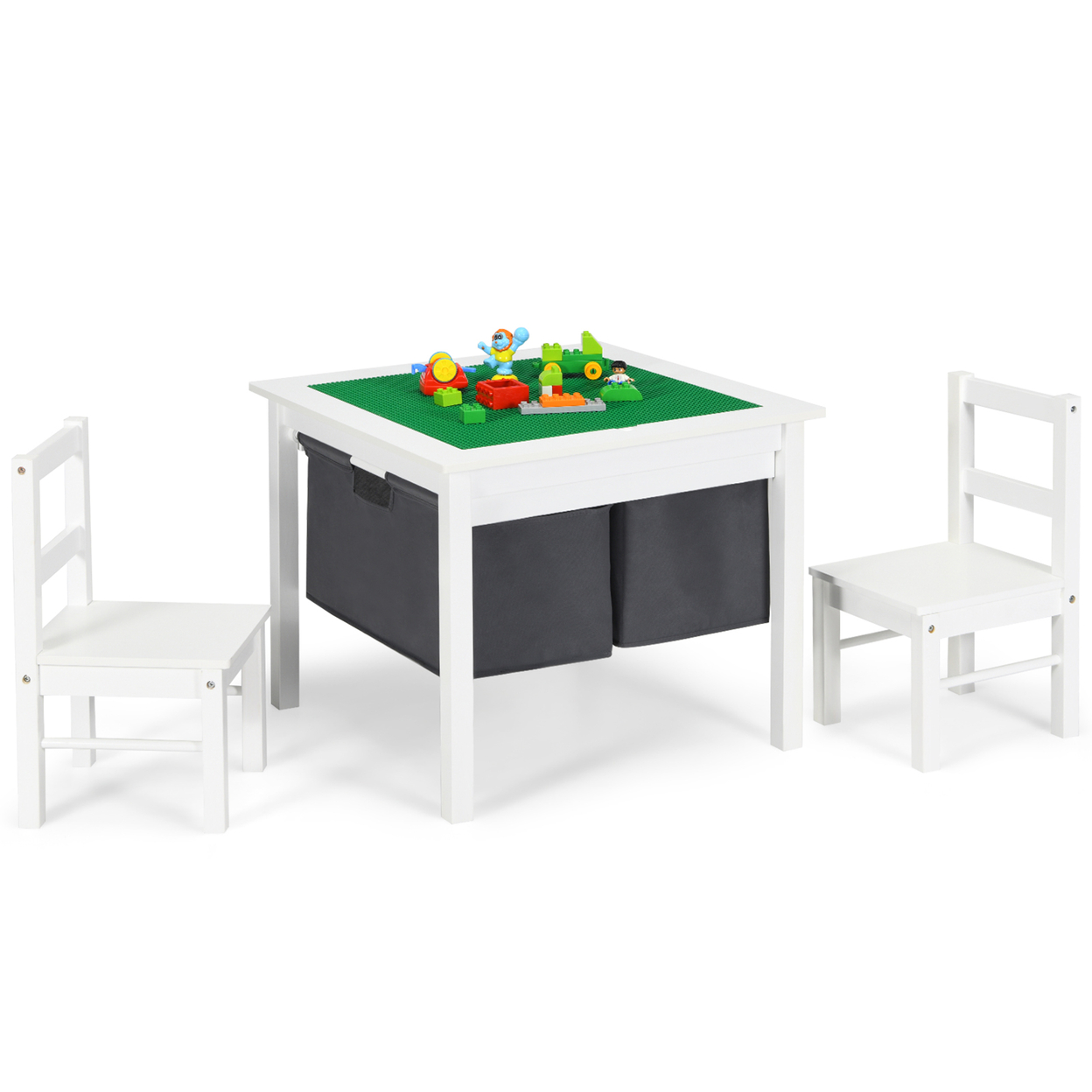2-in-1 Kids Activity Table & 2 Chairs Set W/Storage Building Block Table - White