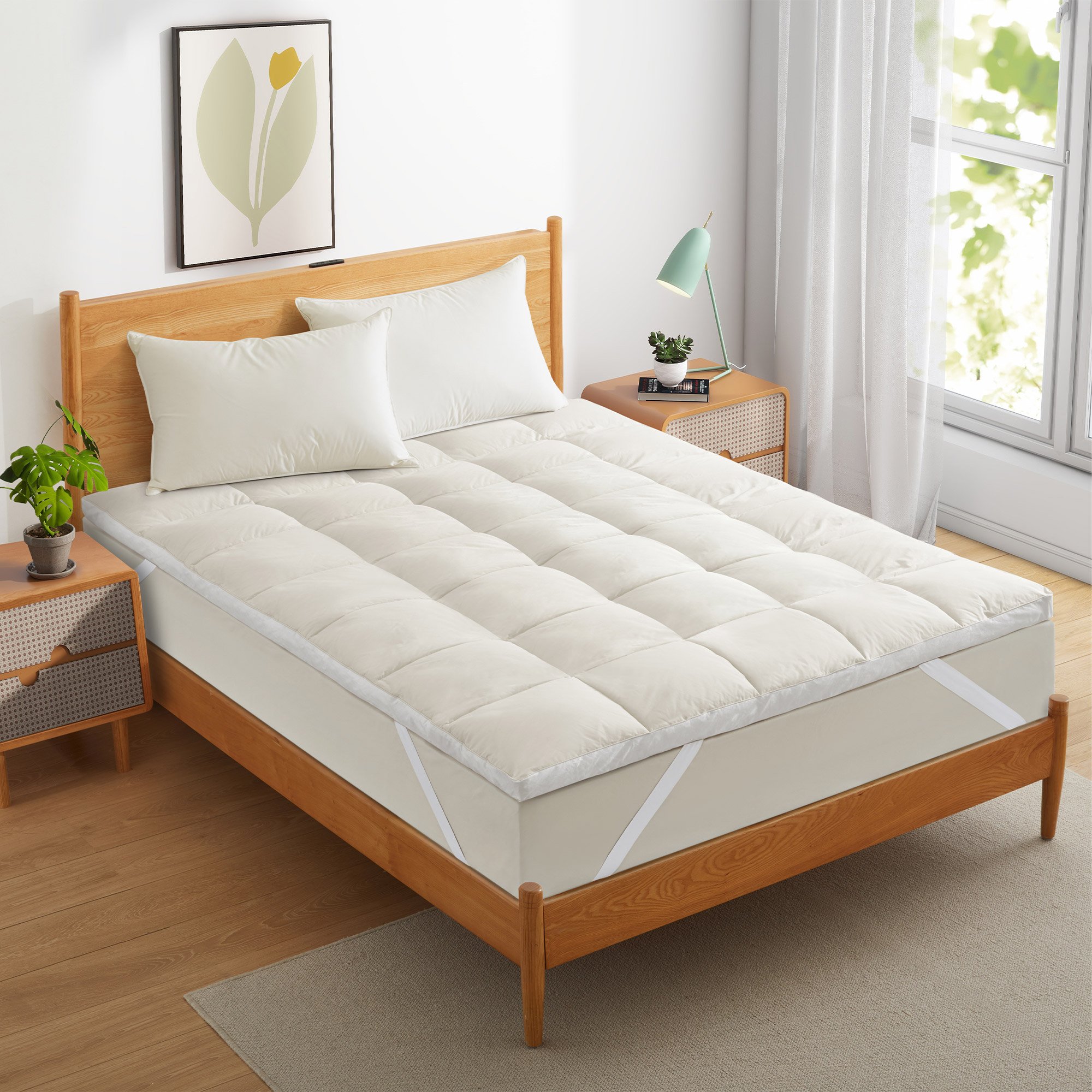 White Goose Feather Bed, Mattress Topper, Organic Cotton Cover Mattress Topper - Full, White