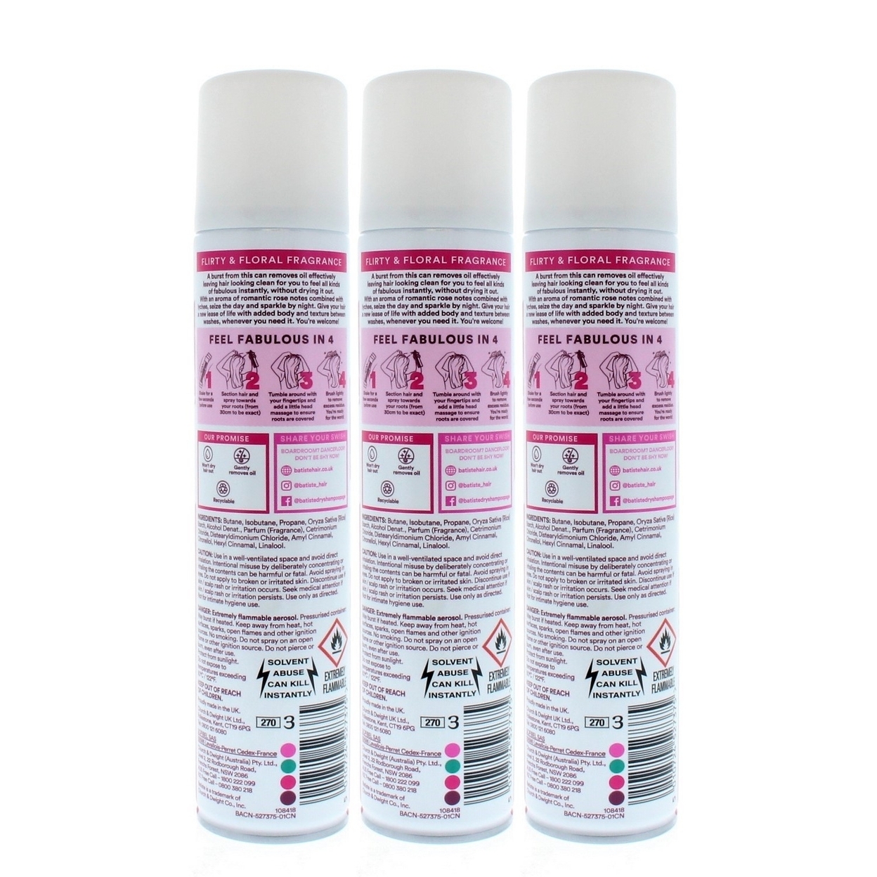 Batiste Instant Hair Refresh Dry Shampoo Blush Flirty Floral 200ml/120g (3 PACK)