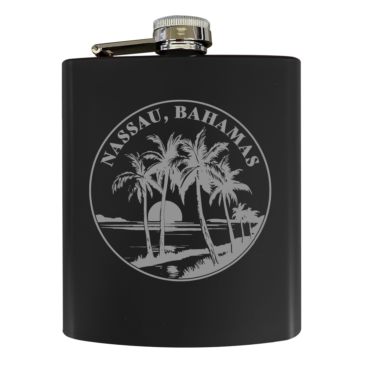 Nassau The Bahamas Souvenir 7 Oz Engraved Steel Flask Matte Finish - Black,,Single Unit