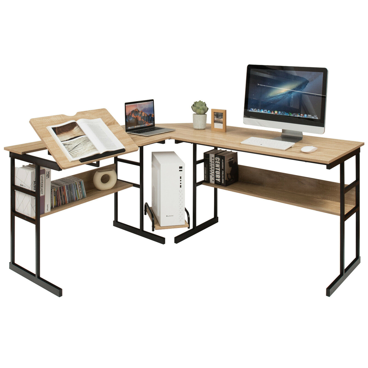L-Shaped Computer Desk Drafting Table Workstation W/ Tiltable Tabletop - Natural