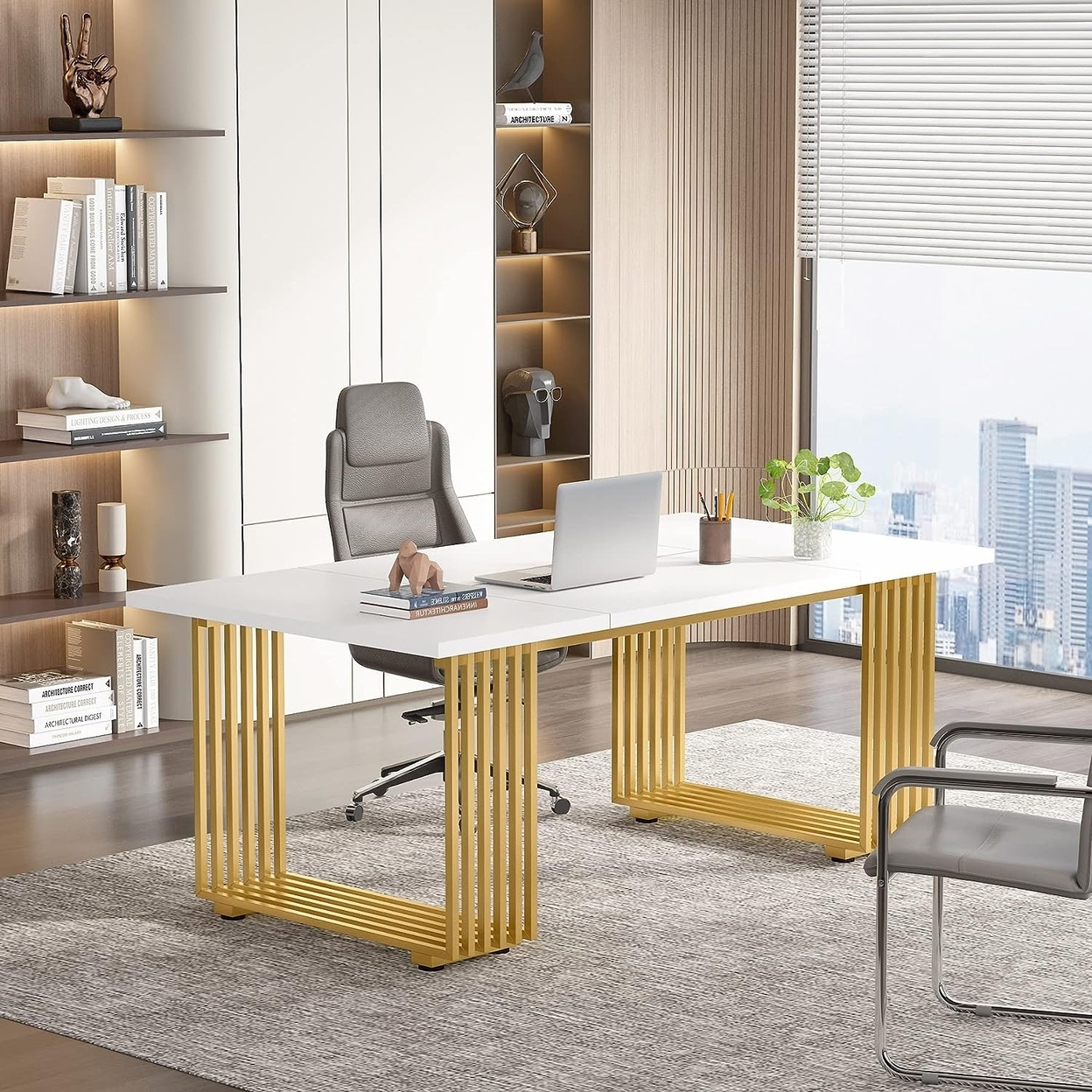 Tribesigns 70.86 Modern Office Desk, Wooden Computer Desk, White Executive Desk With Gold Metal Legs, Large Workstation For Home Office