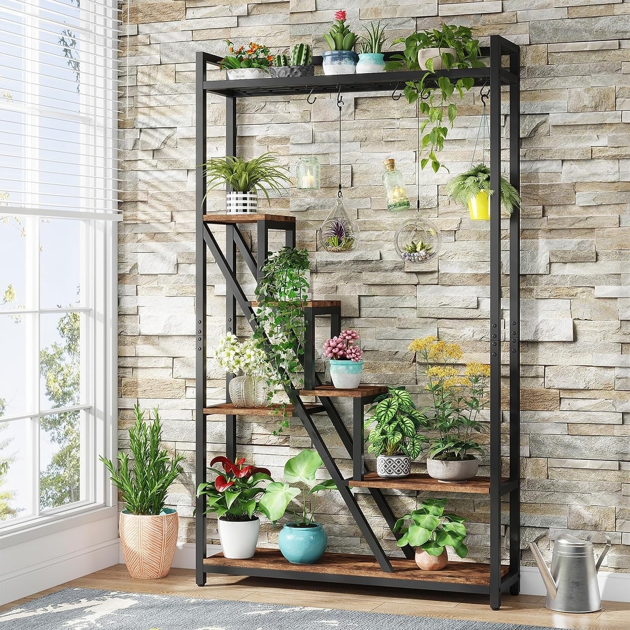 Tribesigns 70.9 Tall Indoor Plant Stand, 7-Tier Large Plant Shelf With 5 S-Hooks, Industrial Wood Flower Stand Display Rack For Indoor