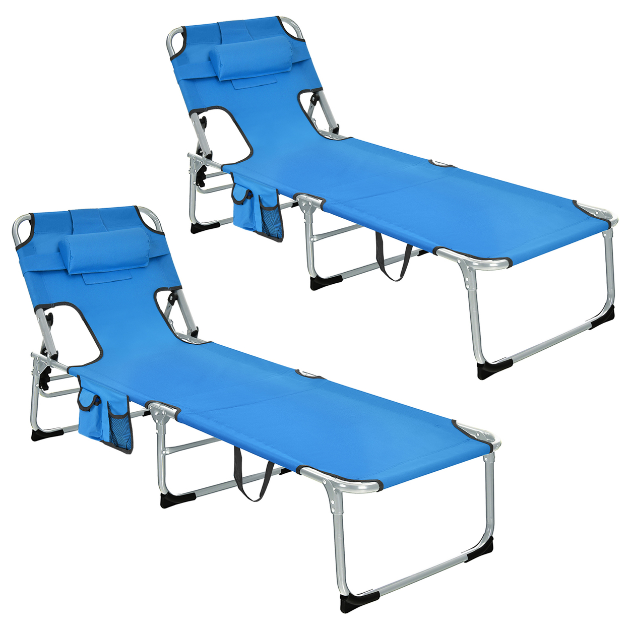Set Of 2 Beach Chaise Lounge Chair Folding Reclining Chair W/ Facing Hole - Blue