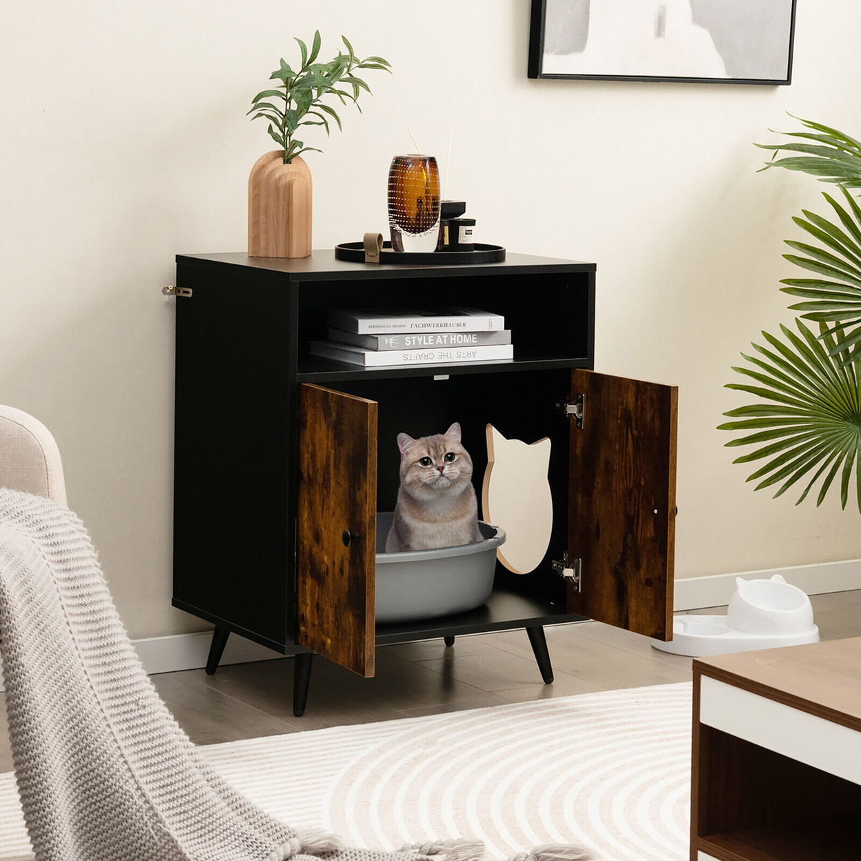 Cat Litter Box Enclosure Hidden Cat Washroom Cabinet With Entry Open Compartment