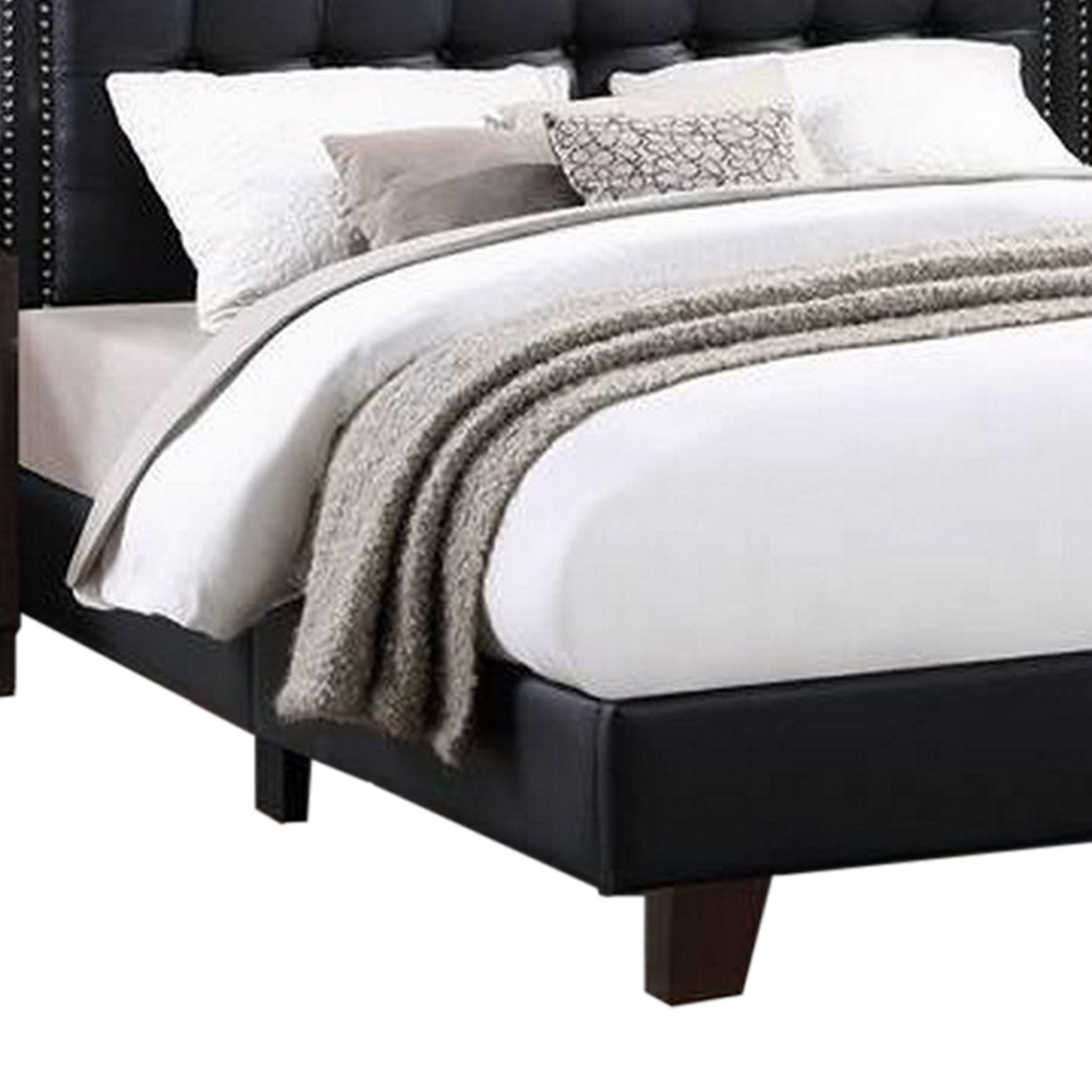 Vea Modern Platform Queen Bed, Deep Tufted Upholstery, Black Faux Leather- Saltoro Sherpi