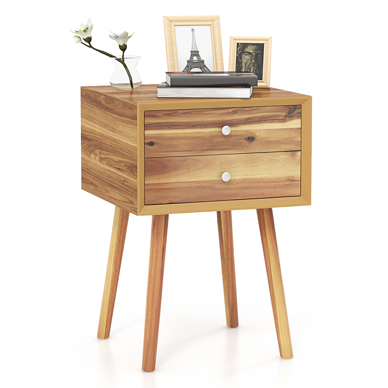 2-Drawer Nightstand Mid-century Modern Bed Side Table W/ Storage Multipurpose End Table Brown