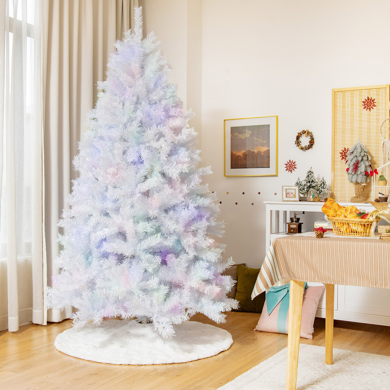 6/7/8 FT White Artificial Christmas Tree Hinged Unlit Iridescent Xmas Tree - 7 Ft