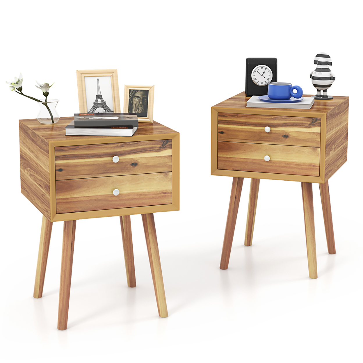 2PCS Wooden Nightstand Mid-Century End Side Table W/2 Storage Drawers Natural