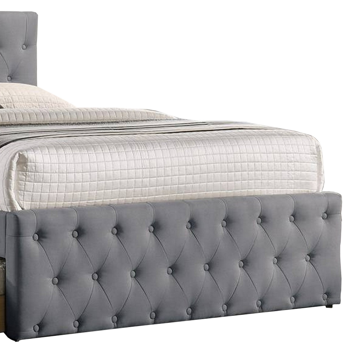 Nek Wood Twin Size Upholstered Bed With Trundle, Tufted Gray Burlap- Saltoro Sherpi