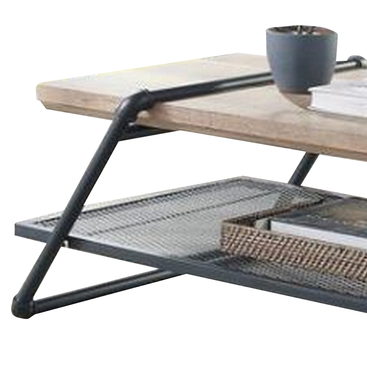 Coffee Table With Wooden Top And Mesh Shelf, Brown And Black- Saltoro Sherpi