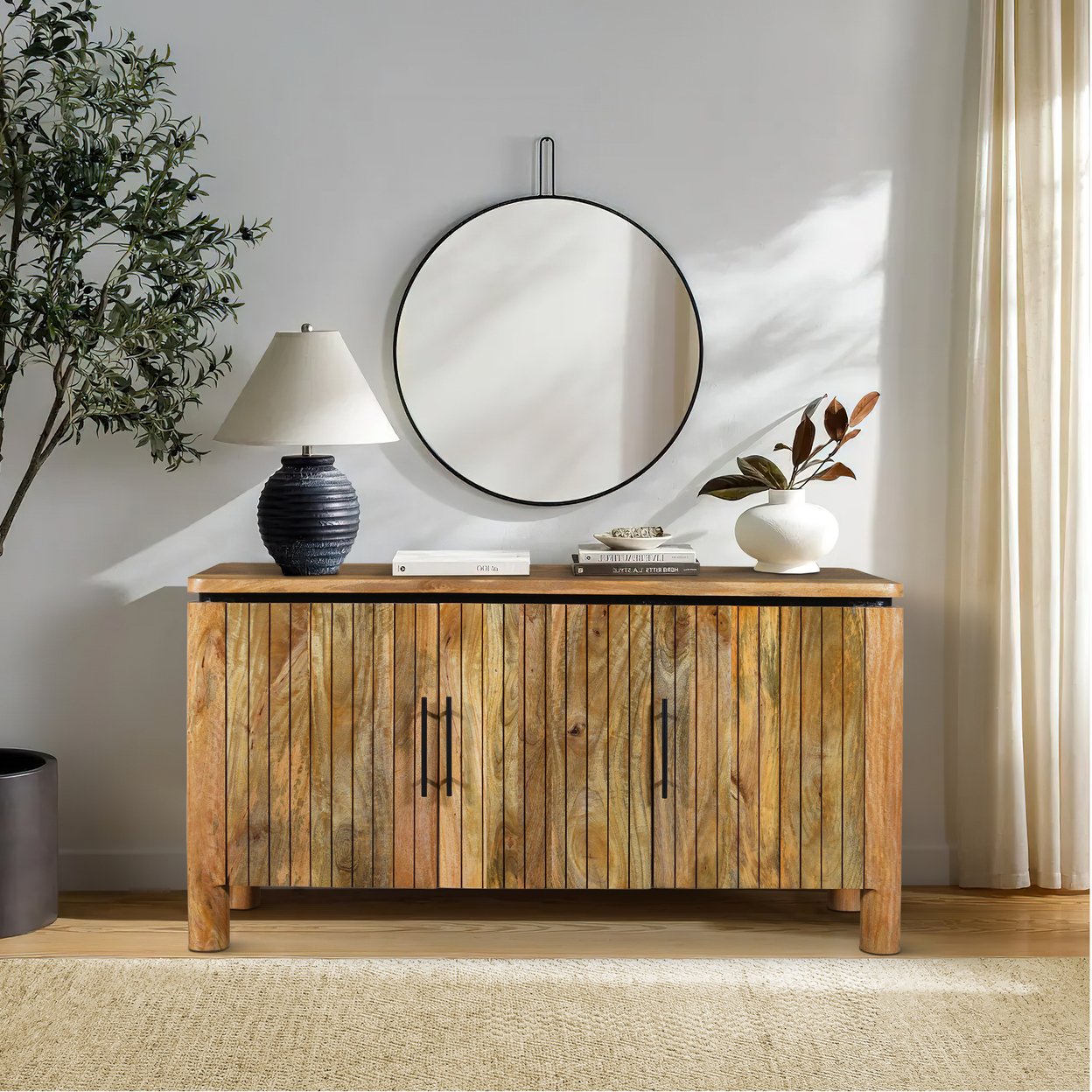 54 Inch Sideboard Console With 3 Grooved Cabinet Doors, Iron Handles, Natural Brown Mango Wood- Saltoro Sherpi