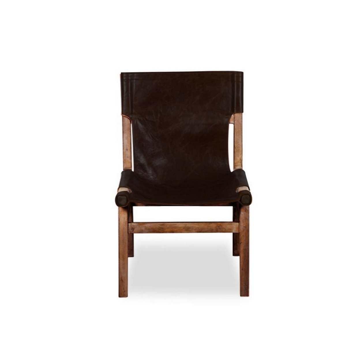 22 Inch Slingback Dining Chair, Brown Leather Seat, Distressed Wood Frame- Saltoro Sherpi
