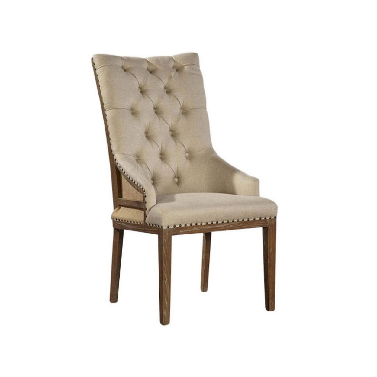 28 Inch Dining Chair, Button Tufted Backrest, Nailhead Trim, Beige Linen- Saltoro Sherpi