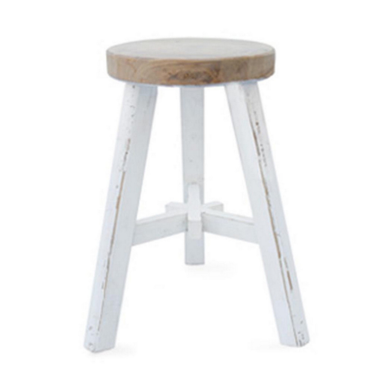17 Inch Accent Stool, Round Brown Seat, Hand Painted White Tripod Legs- Saltoro Sherpi