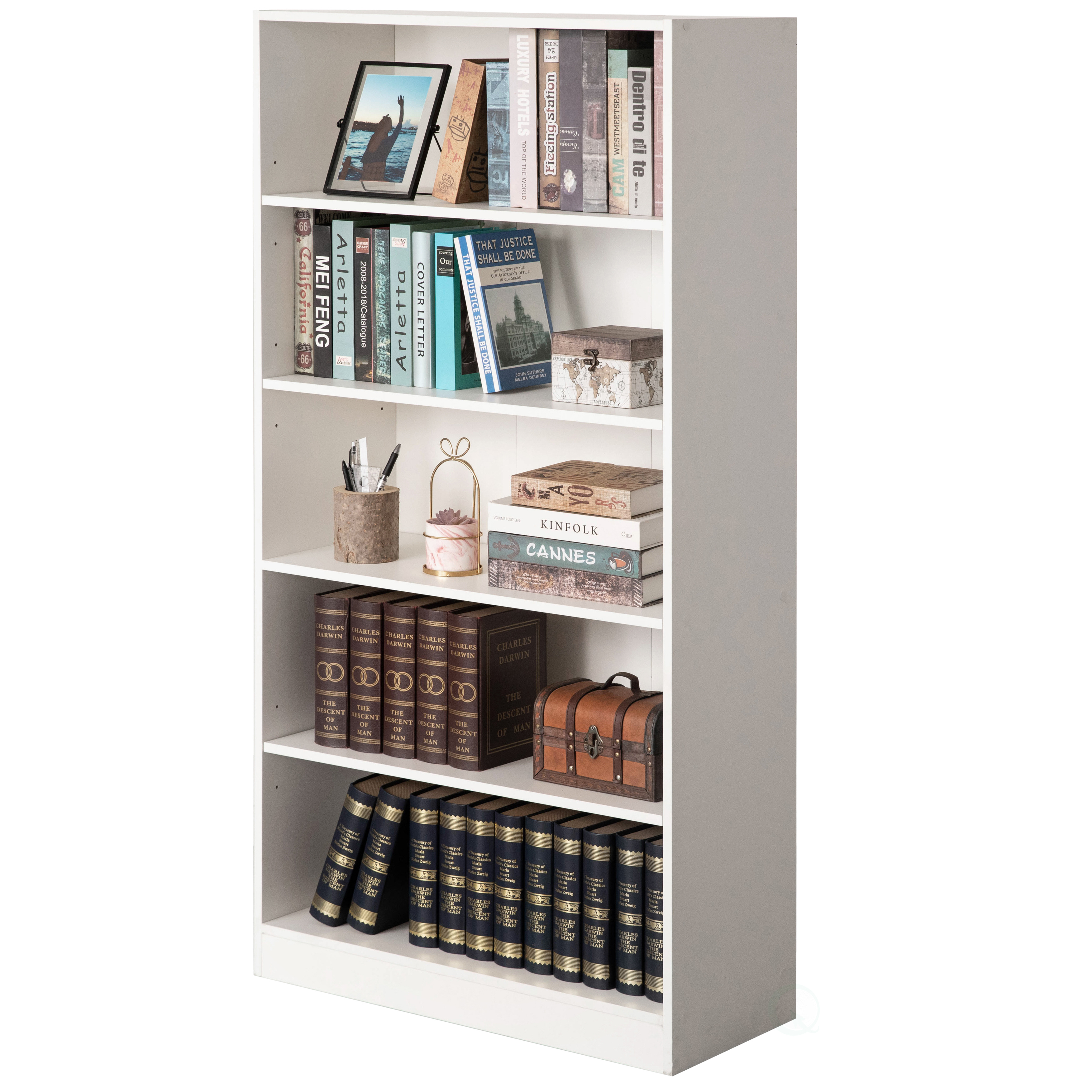 Freestanding Classic Wooden Display Bookshelf, Floor Standing Bookcase, With 5 Open Display Shelves - White