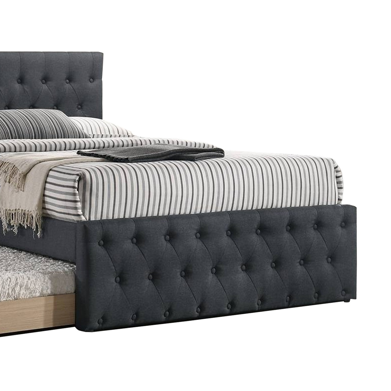 Nek Wood Twin Size Upholstered Bed With Trundle, Tufted Charcoal Burlap- Saltoro Sherpi