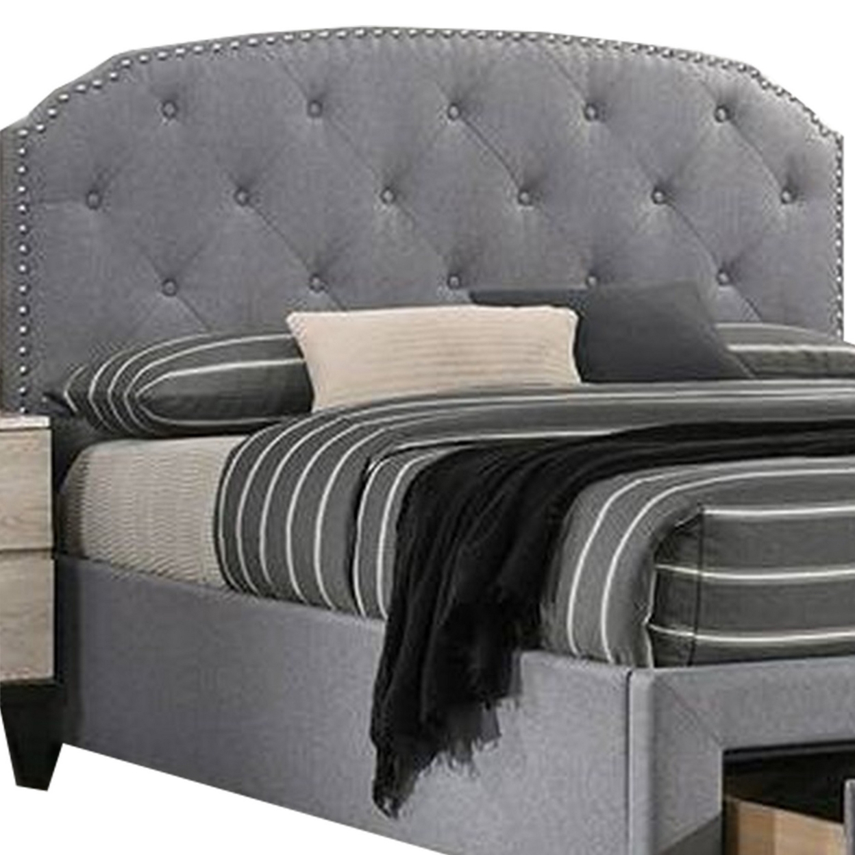 Nue Twin Upholstered Bed With Curved Tufted Headboard, Nailhead Trim, Gray- Saltoro Sherpi