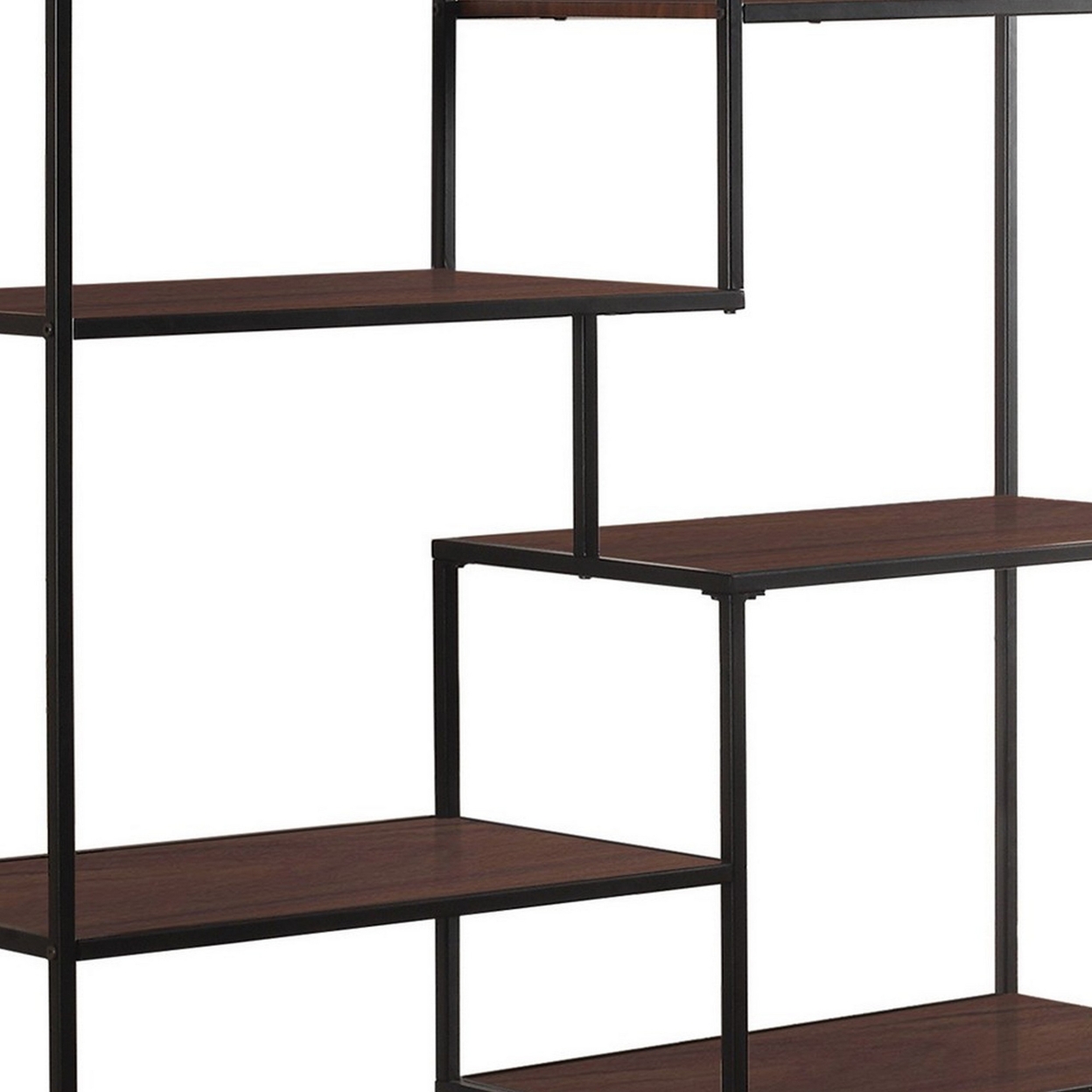 65 Inch Bookcase Etagere, 7 Walnut Brown Wood Shelves, Black Metal Frame- Saltoro Sherpi