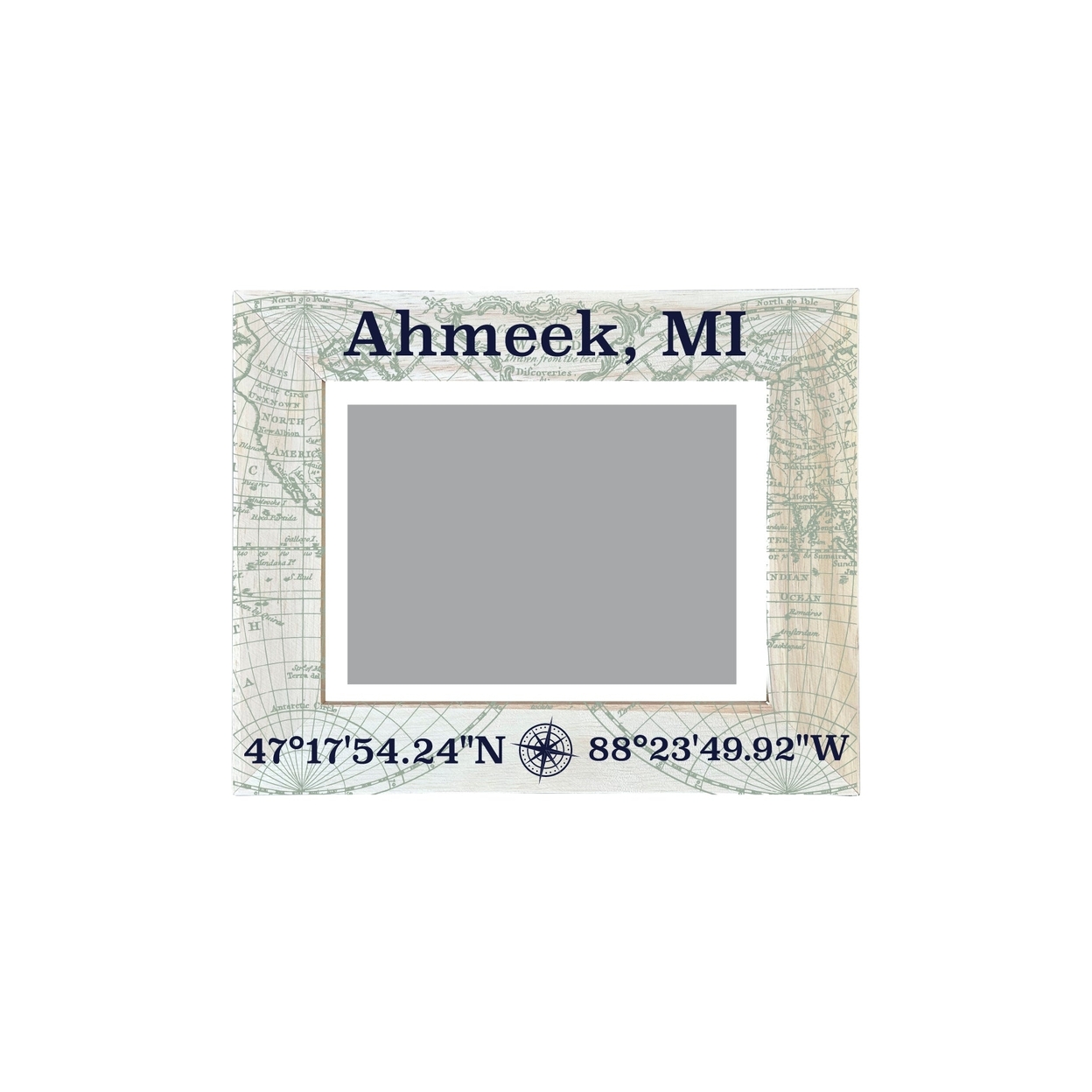 Ahmeek Michigan Souvenir Wooden Photo Frame Compass Coordinates Design Matted To 4 X 6
