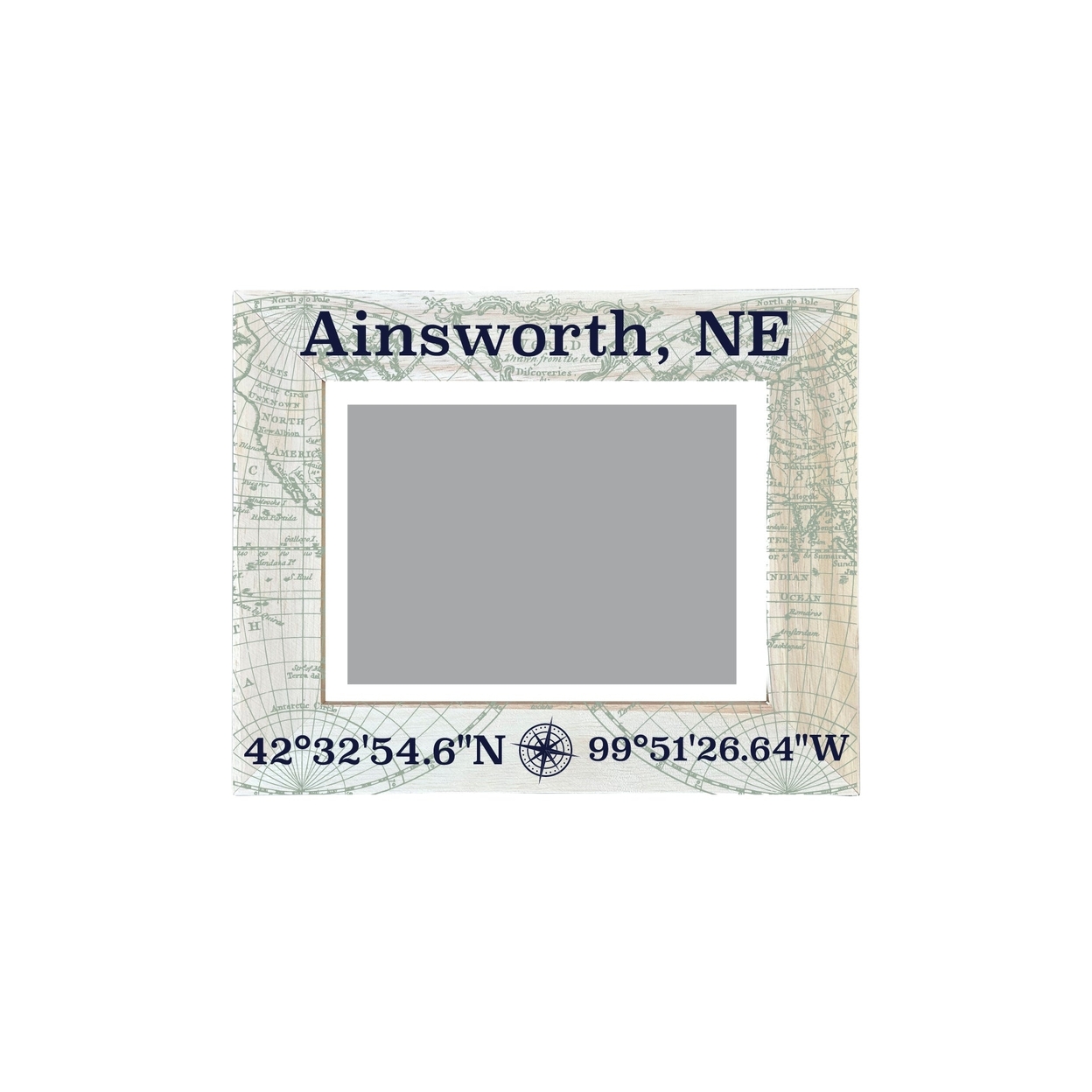 Ainsworth Nebraska Souvenir Wooden Photo Frame Compass Coordinates Design Matted To 4 X 6