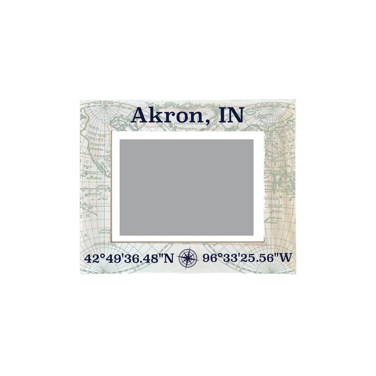 Akron Indiana Souvenir Wooden Photo Frame Compass Coordinates Design Matted To 4 X 6