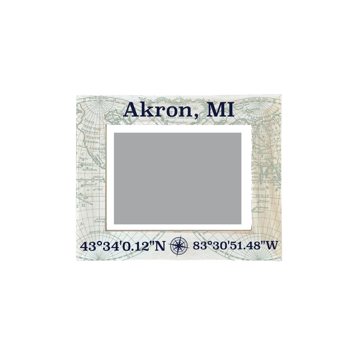 Akron Michigan Souvenir Wooden Photo Frame Compass Coordinates Design Matted To 4 X 6