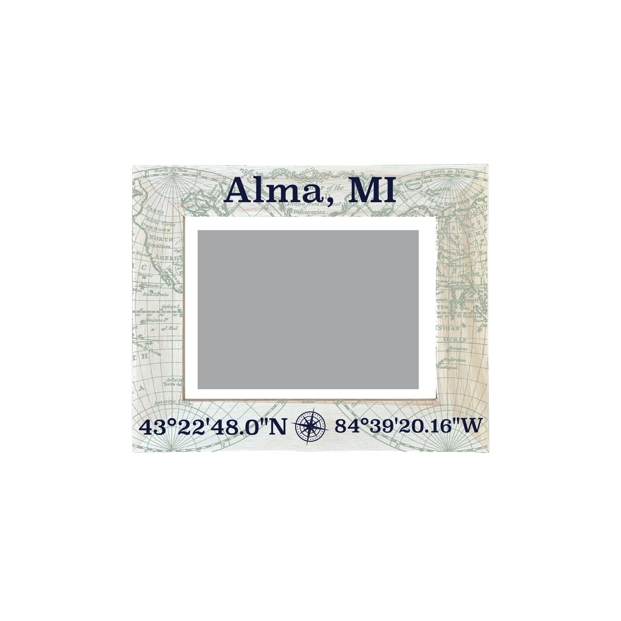 Alma Michigan Souvenir Wooden Photo Frame Compass Coordinates Design Matted To 4 X 6